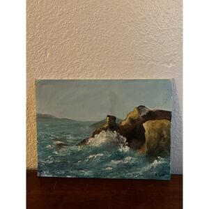 Vintage Coastal Seascape Painting Cliff Ocean Waves 9x12 Signed B. Lee Original